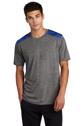 sport-tek posicharge tri-blend wicking draft tee st410 true royal/dark grey heather
