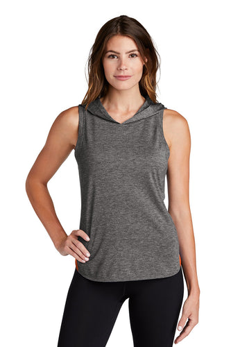 Sport-Tek Ladies PosiCharge Tri-Blend Wicking Draft Hoodie Tank LST410 Deep Orange/ Dark Grey Heather