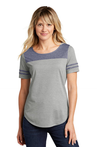 sport-tek ladies posicharge tri-blend wicking fan tee lst403 true navyheather/ light grey heather
