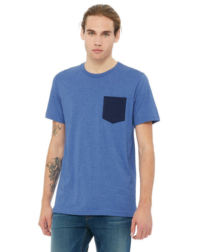 bella + canvas jersey short sleeve pocket t-shirt 3021 hthr tr roy/ nvy
