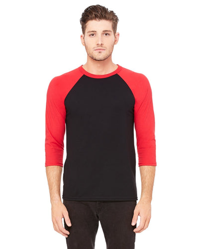 bella + canvas unisex 3/4-sleeve baseball t-shirt 3200 black/ red