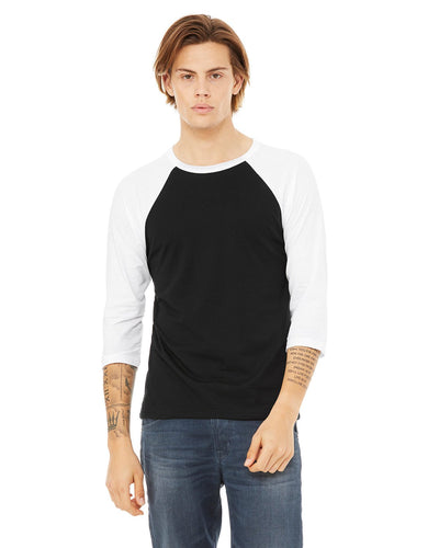 bella + canvas unisex 3/4-sleeve baseball t-shirt 3200 black/ white
