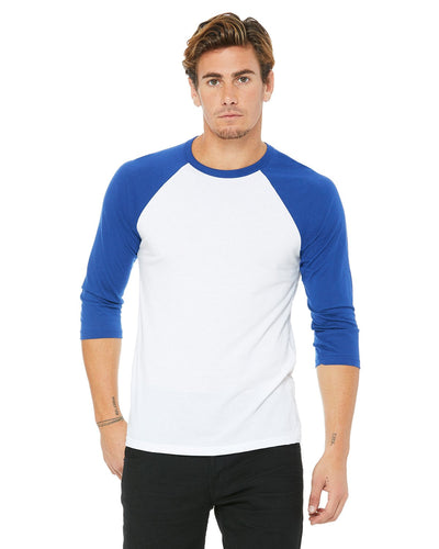 bella + canvas unisex 3/4-sleeve baseball t-shirt 3200 white/ tr royal