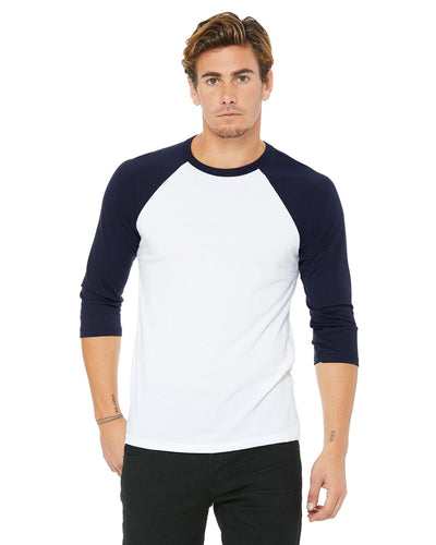 bella + canvas unisex 3/4-sleeve baseball t-shirt 3200 white/ navy