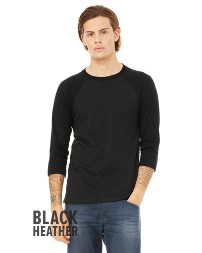 bella + canvas unisex 3/4-sleeve baseball t-shirt 3200 blk heather/ blk