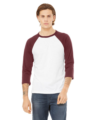 bella + canvas unisex 3/4-sleeve baseball t-shirt 3200 white/ maroon
