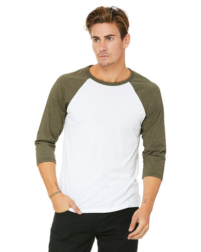 bella + canvas unisex 3/4-sleeve baseball t-shirt 3200 wht/ hthr olive