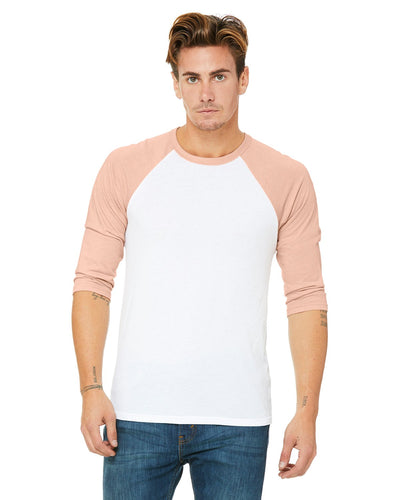 bella + canvas unisex 3/4-sleeve baseball t-shirt 3200 wht/ hthr peach