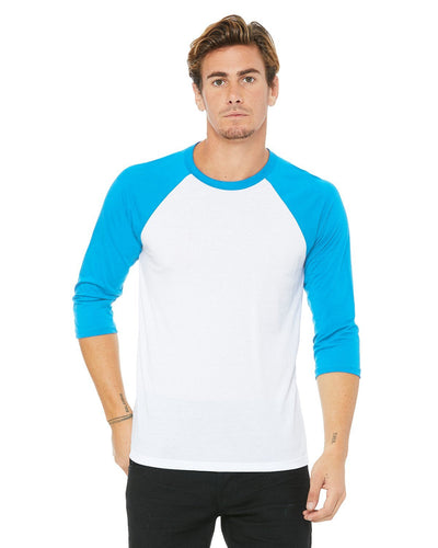 bella + canvas unisex 3/4-sleeve baseball t-shirt 3200 white/ neon blue