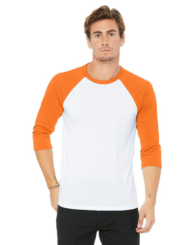 bella + canvas unisex 3/4-sleeve baseball t-shirt 3200 wht/ neon orange
