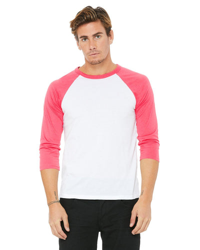 bella + canvas unisex 3/4-sleeve baseball t-shirt 3200 white/ neon pink