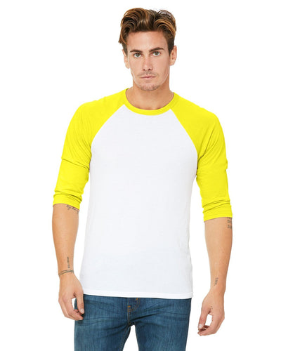bella + canvas unisex 3/4-sleeve baseball t-shirt 3200 wht/ neon yellow