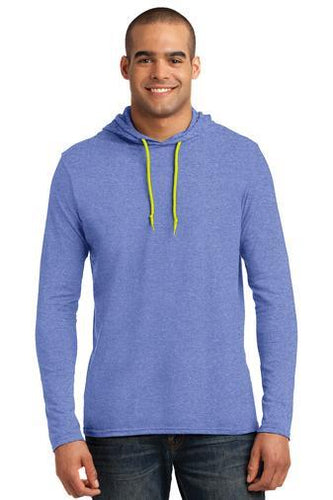 anvil combed ring spun cotton long sleeve hooded t shirt 987 heather blue/ neon yellow