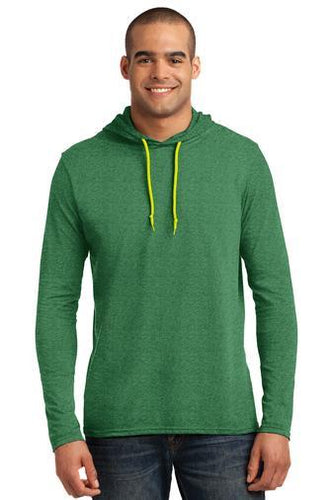 anvil combed ring spun cotton long sleeve hooded t shirt 987 heather green/ neon yellow