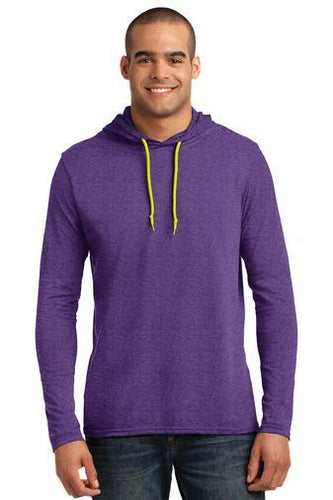 anvil combed ring spun cotton long sleeve hooded t shirt 987 heather purple/ neon yellow