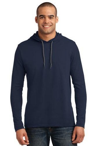 anvil combed ring spun cotton long sleeve hooded t shirt 987 navy/ dark grey