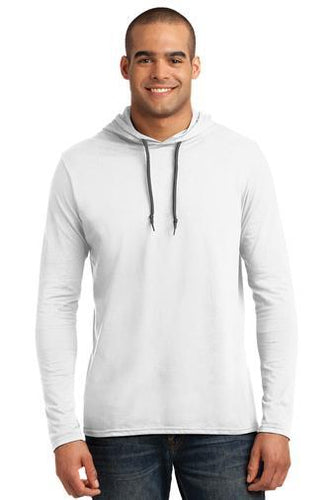 anvil combed ring spun cotton long sleeve hooded t shirt 987 white/ dark grey