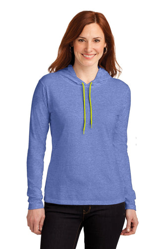 anvil ladies combed ring spun cotton long sleeve hooded t shirt 887l heather blue/ neon yellow