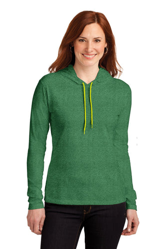 anvil ladies combed ring spun cotton long sleeve hooded t shirt 887l heather green/ neon yellow