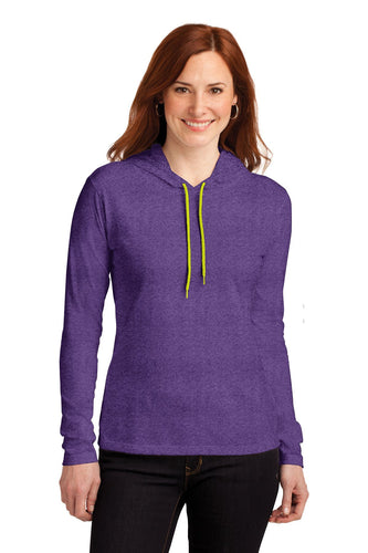 anvil ladies combed ring spun cotton long sleeve hooded t shirt 887l heather purple/ neon yellow