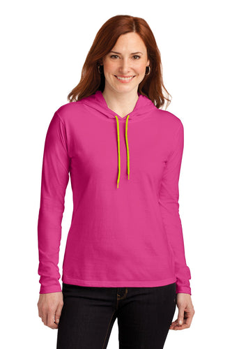 anvil ladies combed ring spun cotton long sleeve hooded t shirt 887l hot pink/ neon yellow