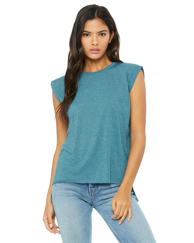 bella + canvas ladies flowy muscle t-shirt with rolled cuff 8804 hthr deep teal