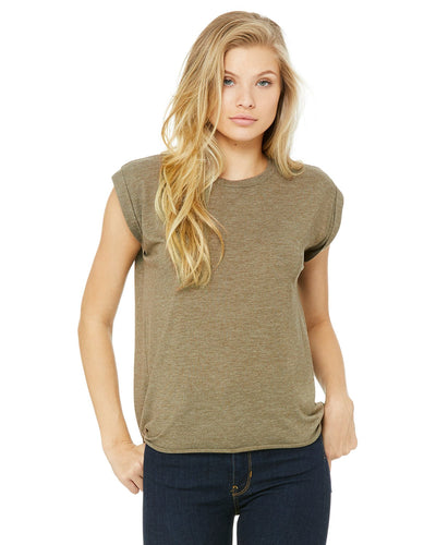 bella + canvas ladies flowy muscle t-shirt with rolled cuff 8804 heather olive
