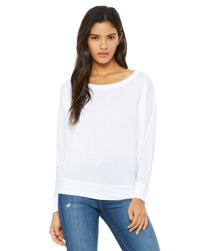 bella + canvas ladies flowy long sleeve off shoulder t-shirt 8850 white