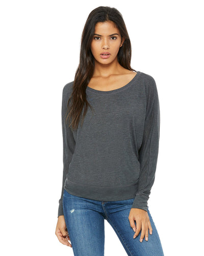 bella + canvas ladies flowy long sleeve off shoulder t-shirt 8850 dk grey heather