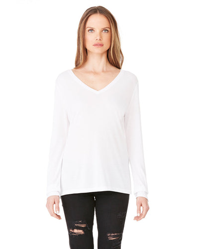 bella + canvas ladies flowy long sleeve v-neck 8855 white