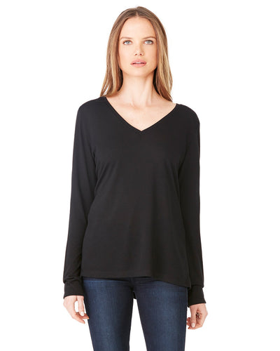 bella + canvas ladies flowy long sleeve v-neck 8855 black