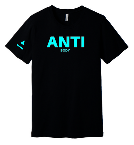 ANTI-BODY RING SPUN TEE, BLACK / BRIGHT BLUE