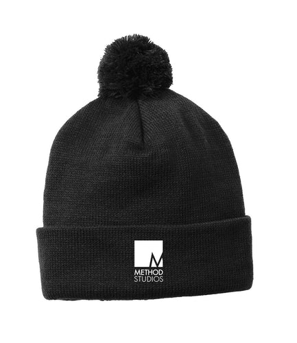 sport tek solid pom pom beanie stc37 black method studios