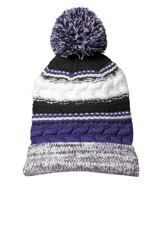 sport tek pom pom team beanie purple black white