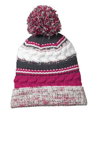 sport tek pom pom team beanie pink raspberry iron grey white