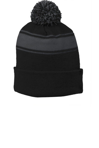 sport tek stripe pom pom beanie black iron grey