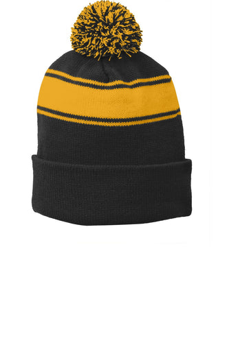 sport tek stripe pom pom beanie black gold