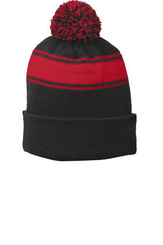sport tek stripe pom pom beanie black true red