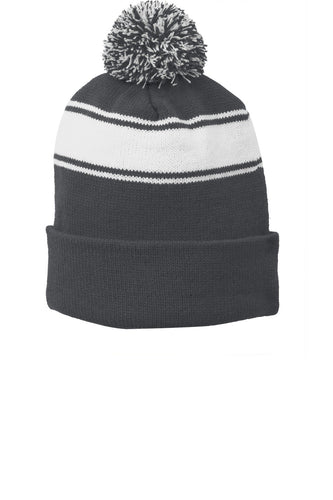 sport tek stripe pom pom beanie iron grey white