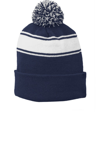 sport tek stripe pom pom beanie true navy white
