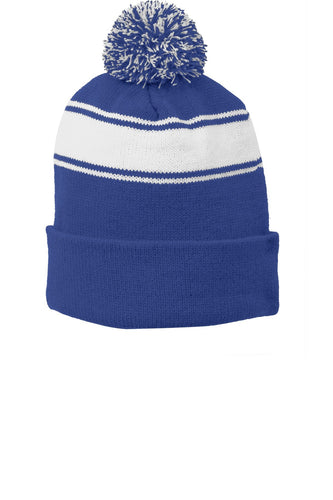 sport tek stripe pom pom beanie true royal white