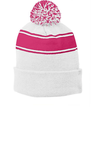 sport tek stripe pom pom beanie white pink raspberry
