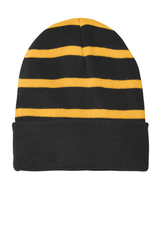 sport tek striped beanie with solid band black gold