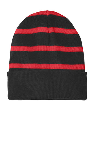 sport tek striped beanie with solid band black true red