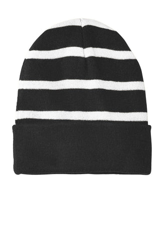 sport tek striped beanie with solid band black white