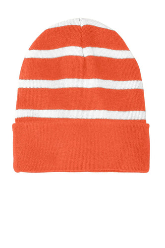 sport tek striped beanie with solid band deep orange white