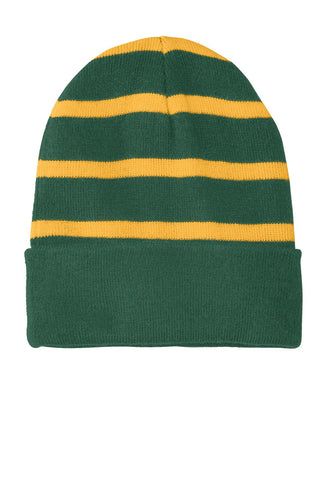 sport tek striped beanie with solid band forest green gold