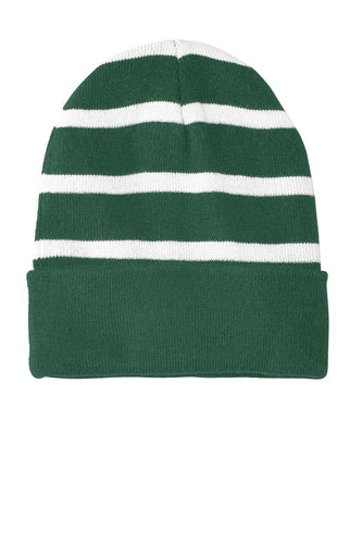 sport tek striped beanie with solid band forest green white