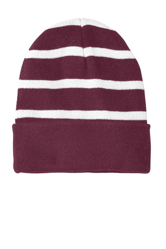 sport tek striped beanie with solid band maroon white