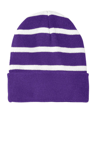 sport tek striped beanie with solid band purple white